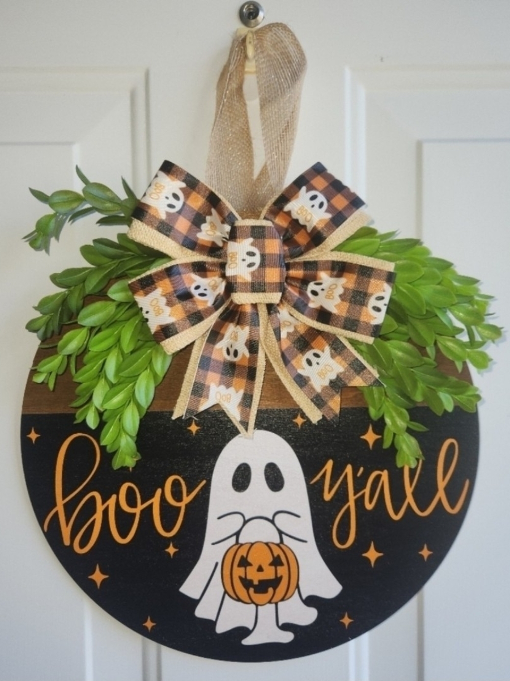 Halloween 'Boo Y'all' Ghost Pumpkin Wooden Door Hanger - Black & Orange